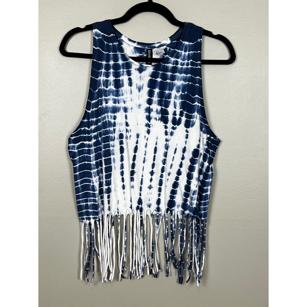 H&M Divided Womens Blue White Tie Dye Fringe Hem Tank Top Small 0386128 3